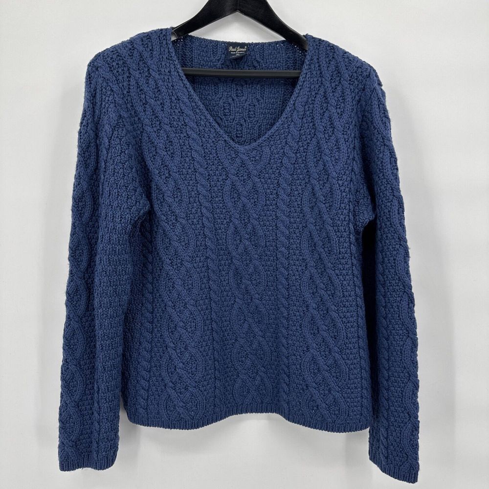 Paul James‎ VTG Ladies V Neck Wool Fisherman's Sweater M Blue Made in England
